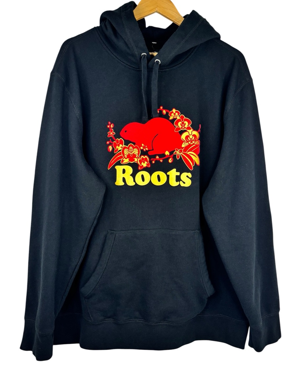Roots Black Lunar Year Of The Rabbit Organic Cotton Blend Kangaroo Pocket Hoodie